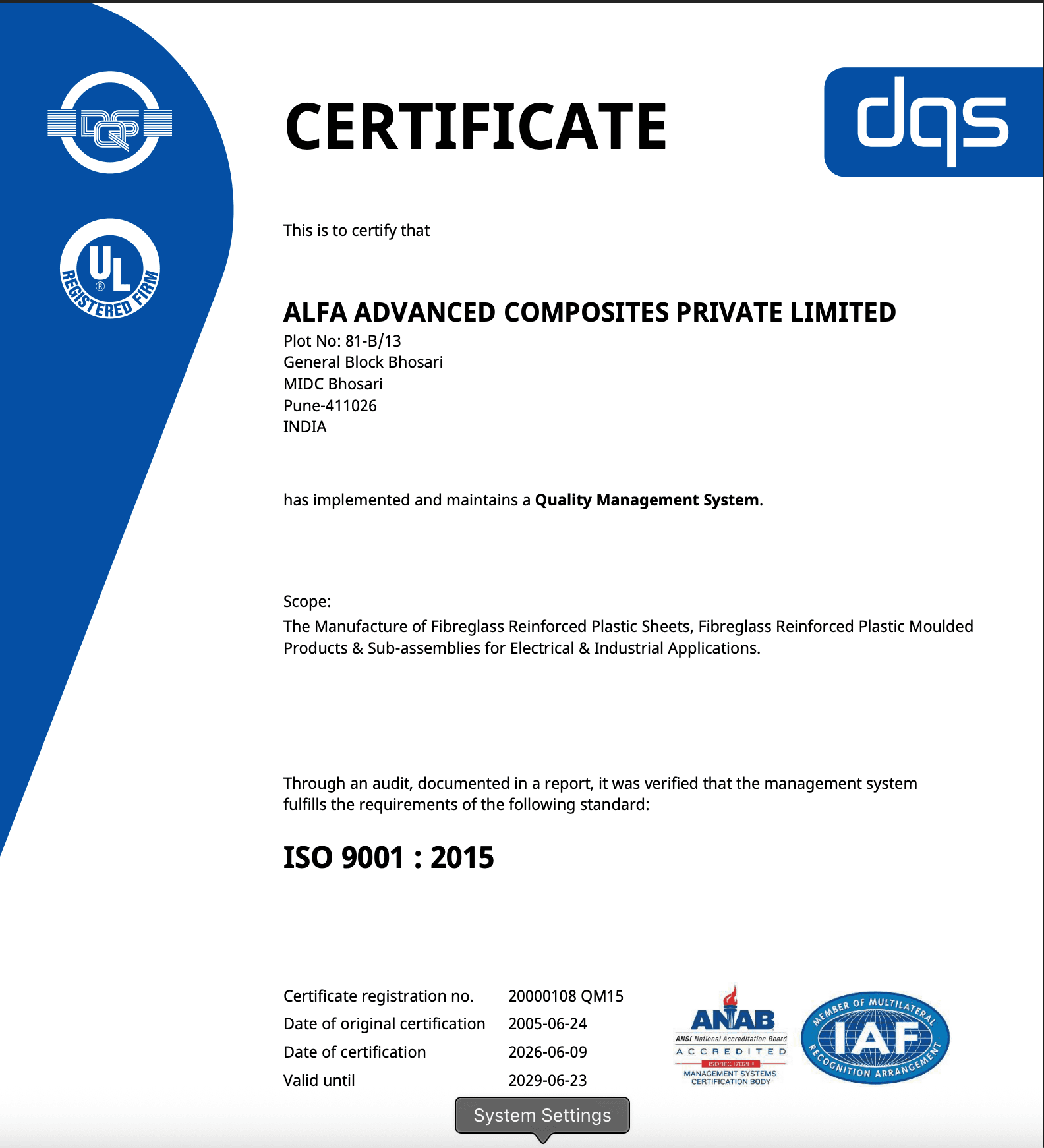 ISO 9001:2015 certificate issued to Alfa Advanced Composites Private Limited by DQS